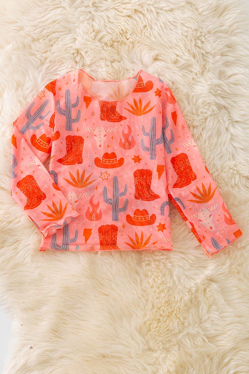 Girls | Orange Western Printed Mesh Long Sleeve