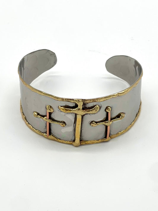 Jewelry | Bracelet Cuff Three Gold Crosses Mixed Metal