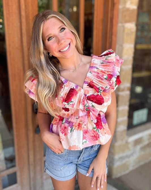 Tops | Blouse BuddyLove Nia Mad Hat Blouse V Neck Ruffled Short Sleeve