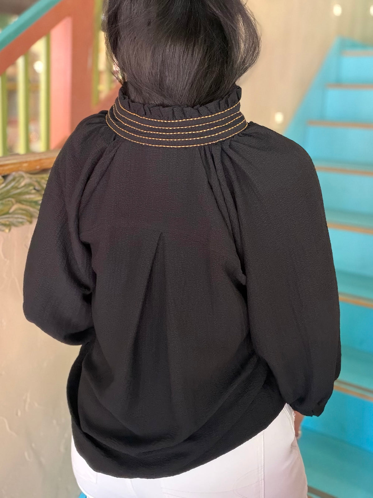 Blouse - Black Scallop Balloon Sleeve
