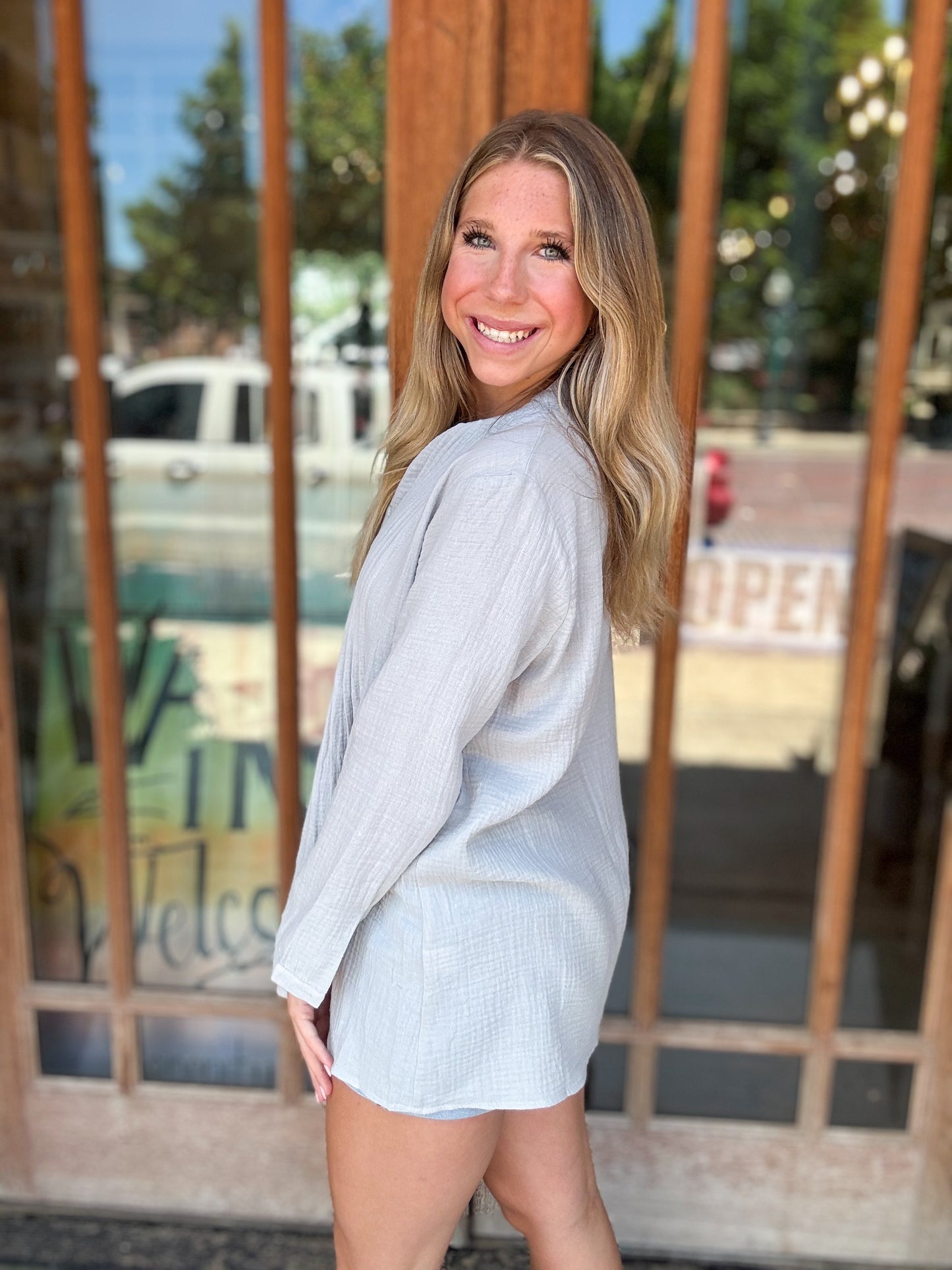 Tops | Blouse Grey Long Sleeve with Pleated Front Detail