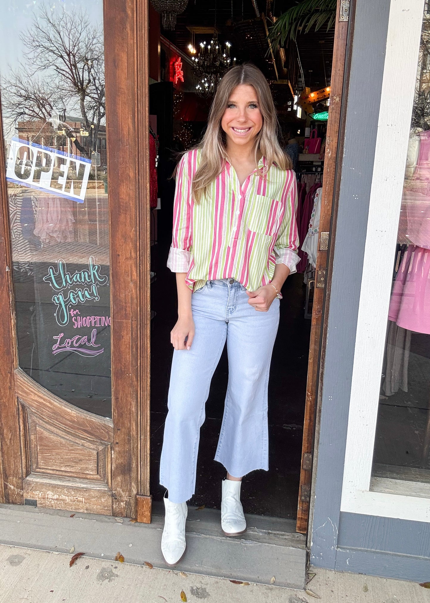 A La Carte Pink & Green Striped Button Up Shirt