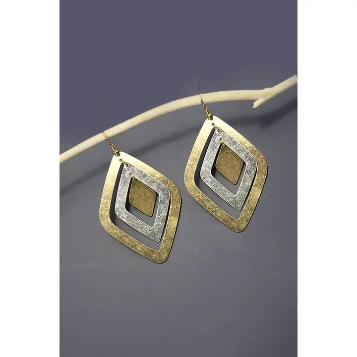 Earrings | Two Tone Layer Diamond Shape Drop Earrings