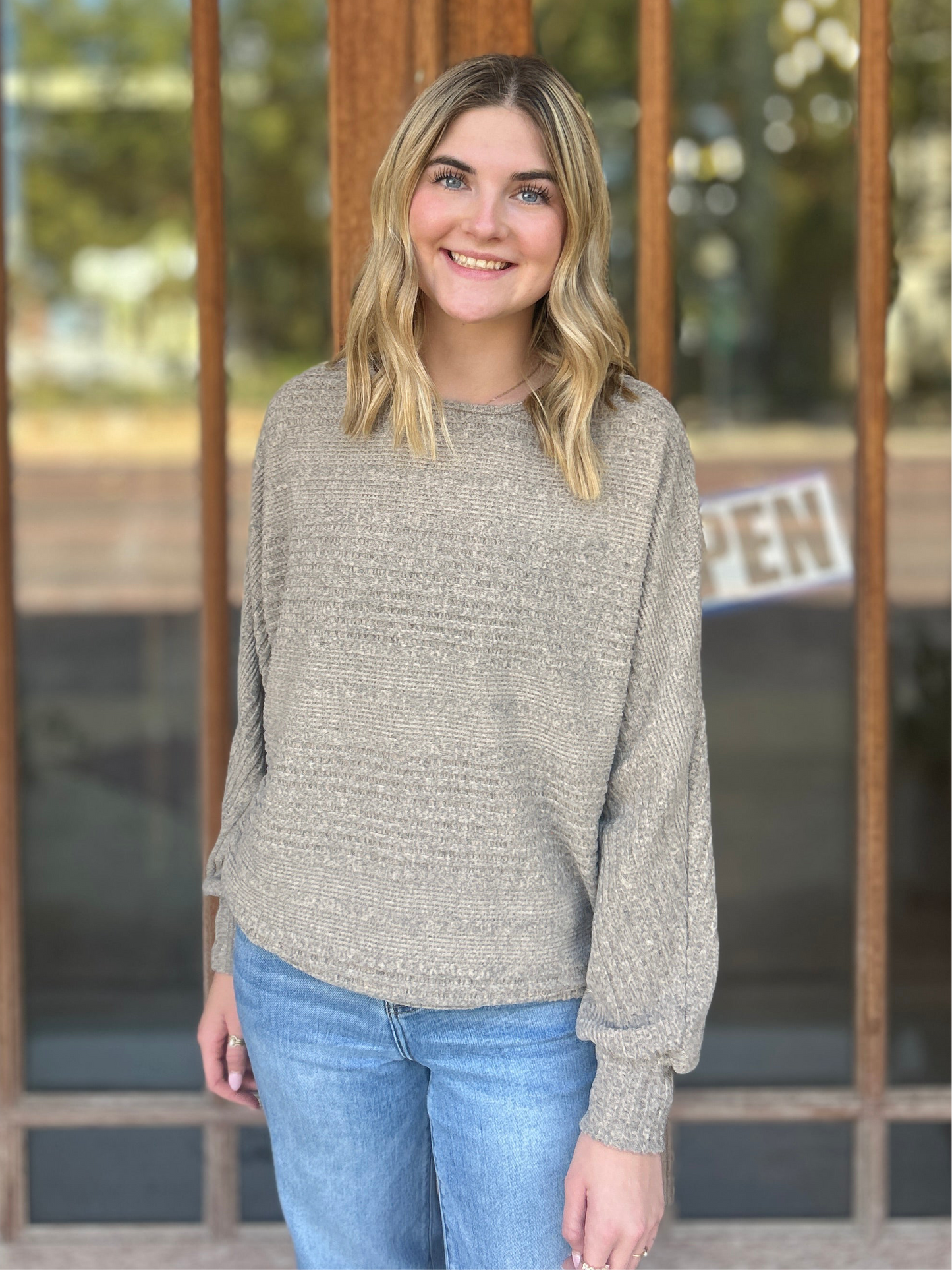Tops | Sweater Ribbed Crewneck Batwing Khaki