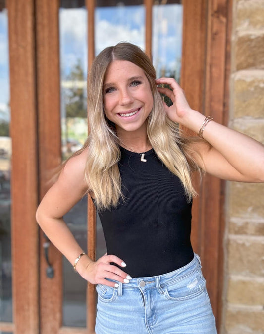 Tops | Bodysuit Black Round Neck Sleeveless