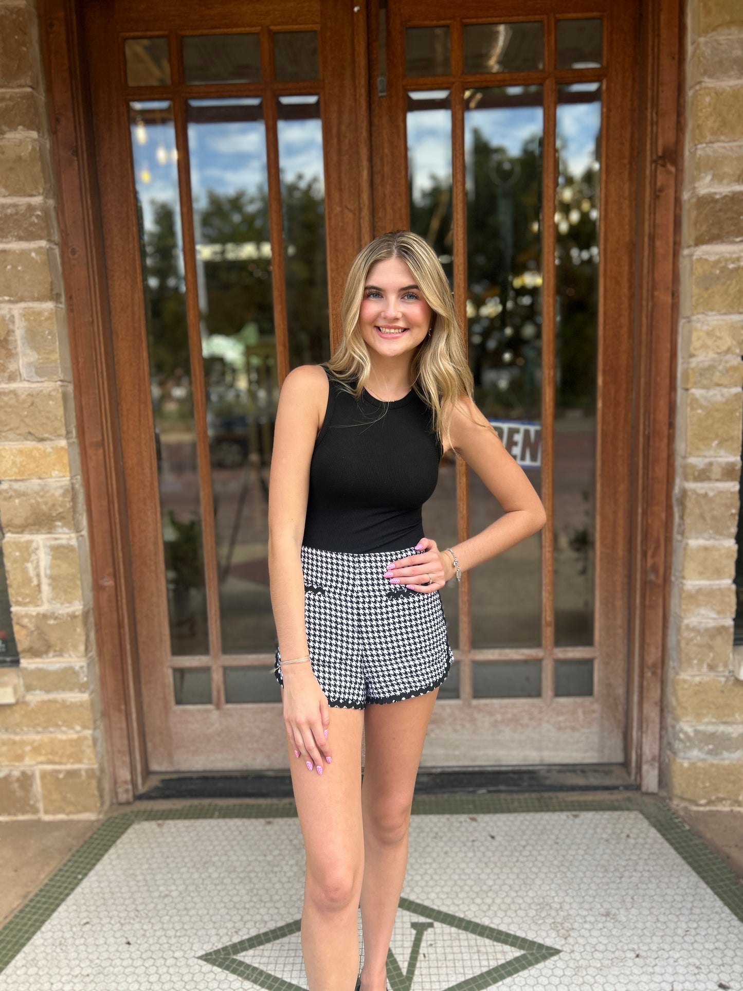 Bottoms | Shorts Houndstooth High Waisted Front Pockets Ric Rac Trim