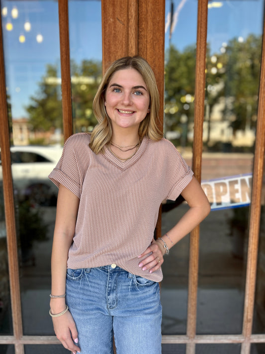 Tops | Brown Ribbed Short Sleeve V-Neck