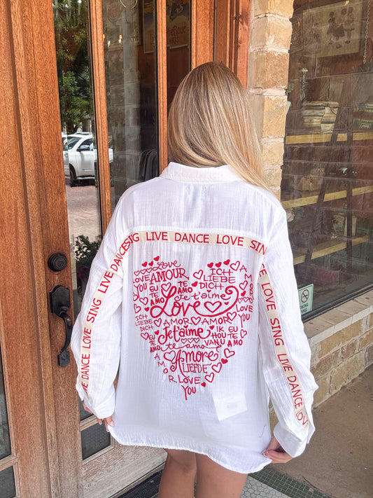 Top | Blouse White Cotton Gauze Heart Embroidery