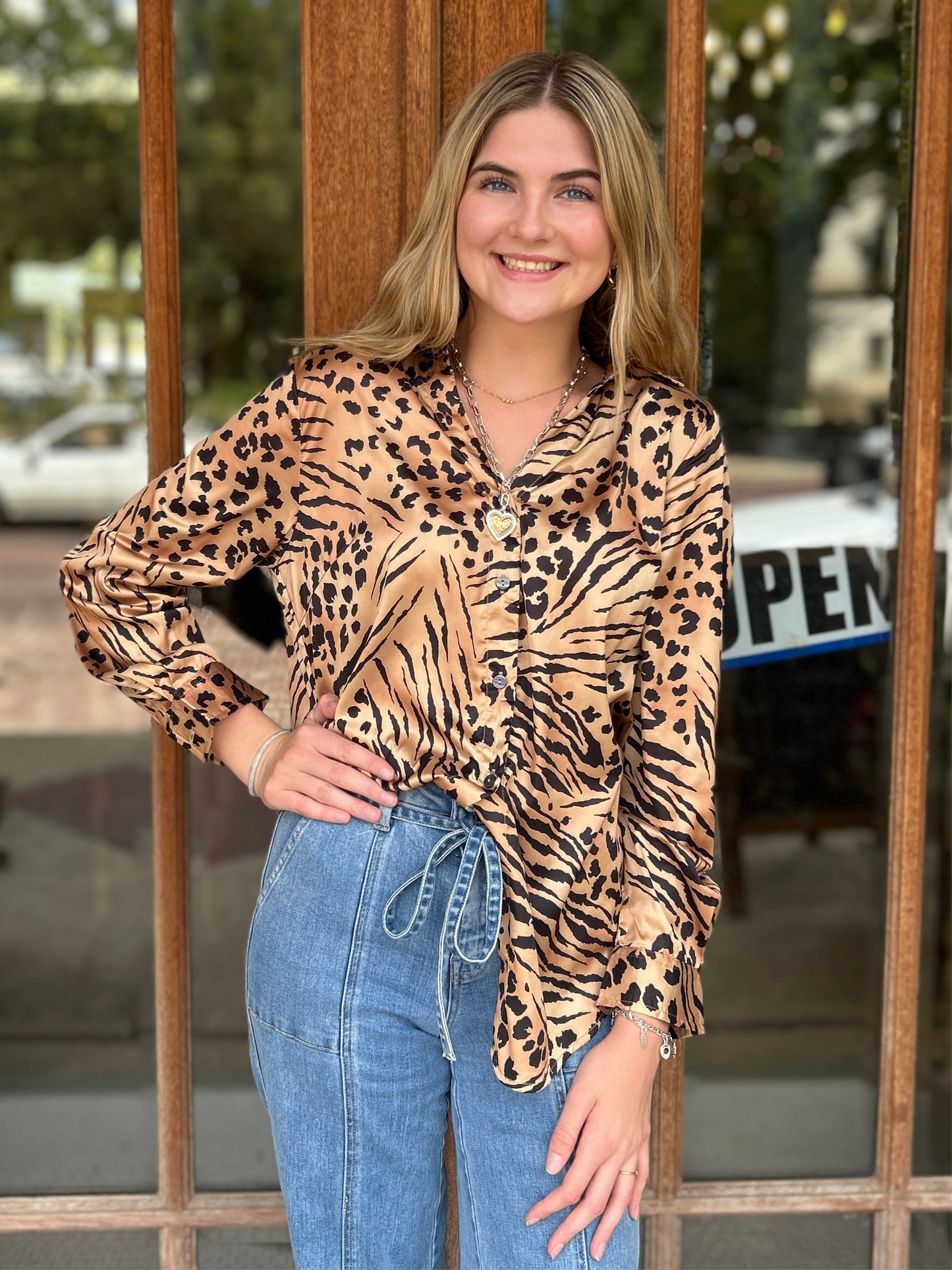 Tops | Blouse Satin Tiger Print Long Sleeve Button