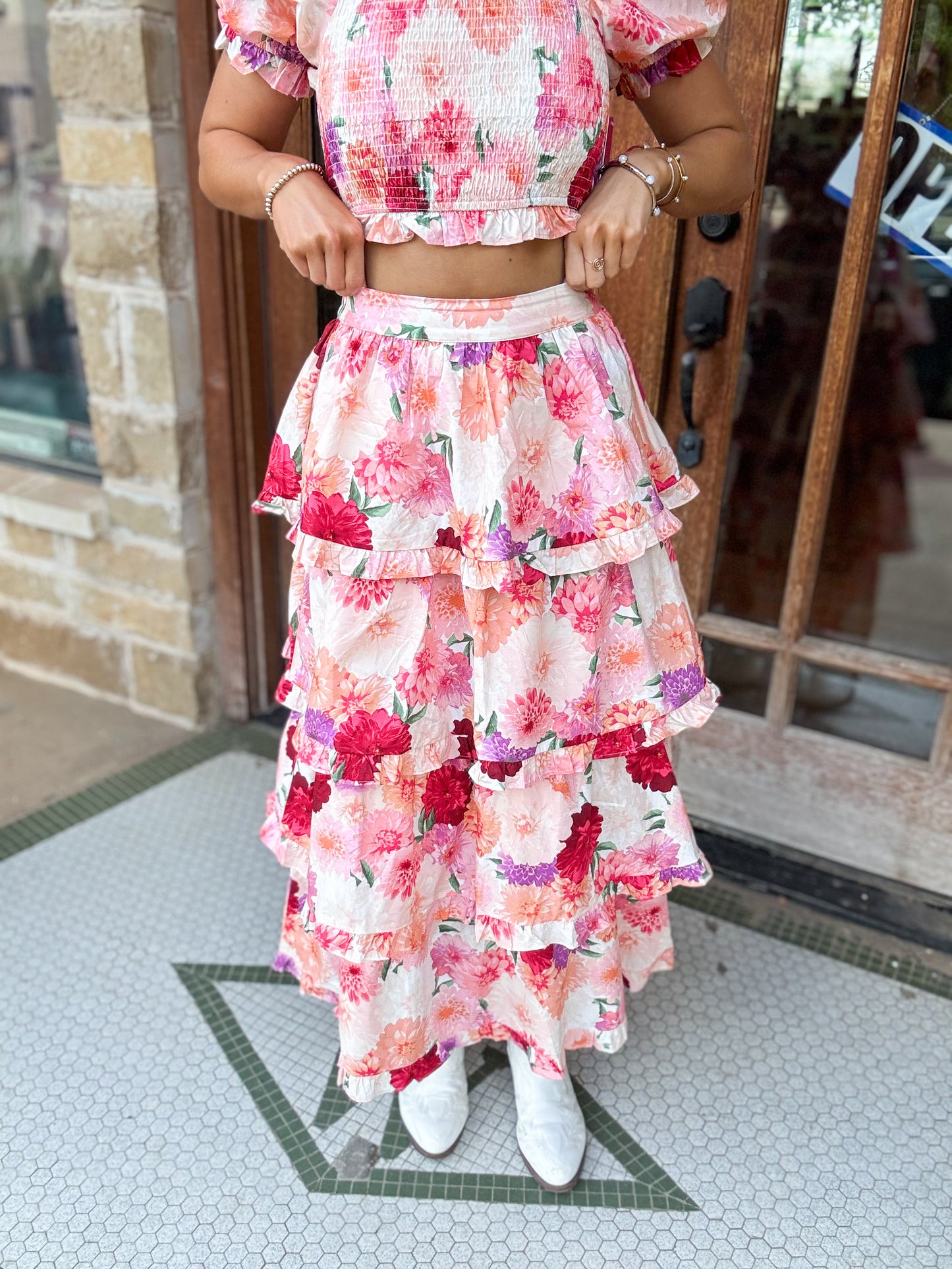 Sets | Buddy Love Top/Maxi Skirt Carina Floral Smocked Puff Sleeves Top Elastic Waist Tiered Ruffled