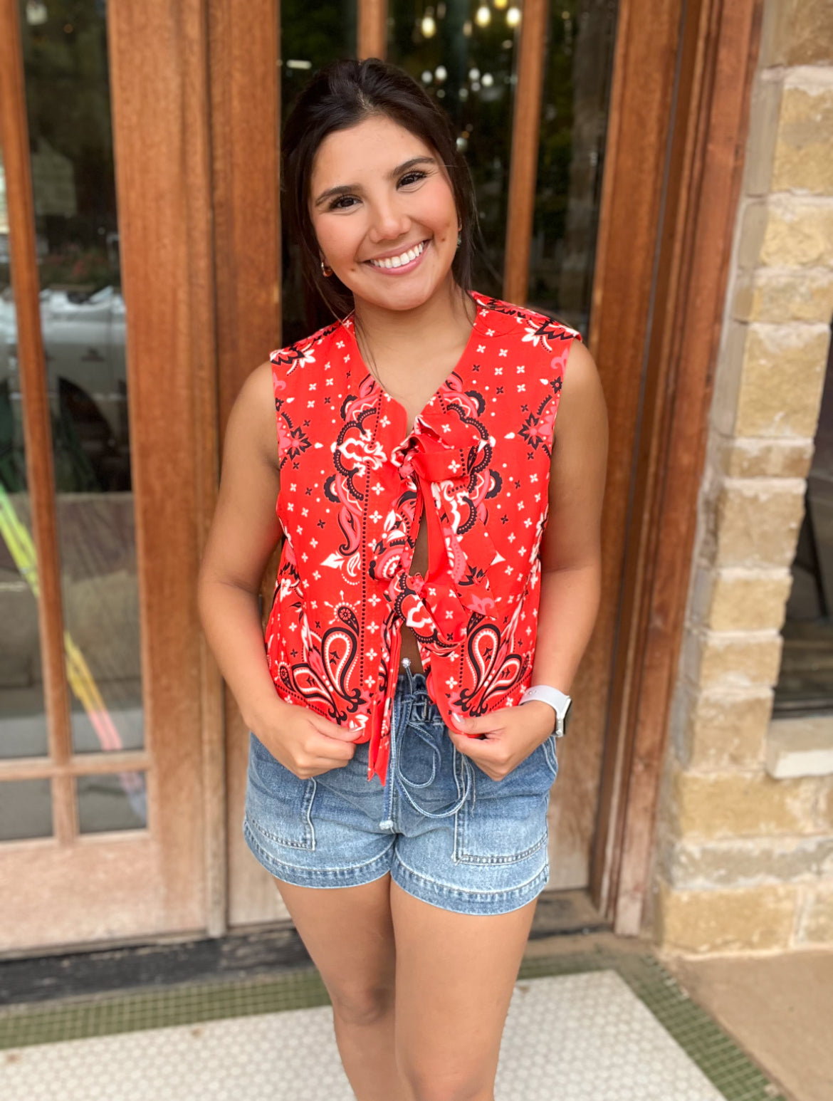 Tops | Blouse Tomato Red Paisley Printed Tie Front Vest