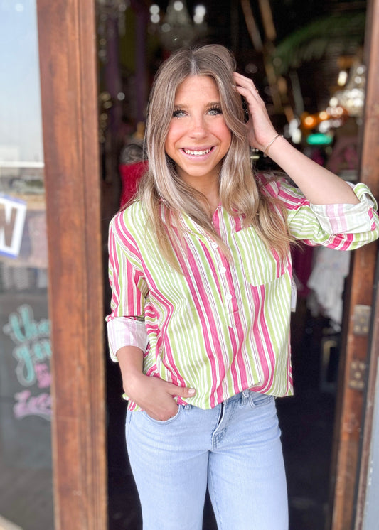 Tops | A La Carte Blouse Pink & Green Striped Button Up Long Sleeves