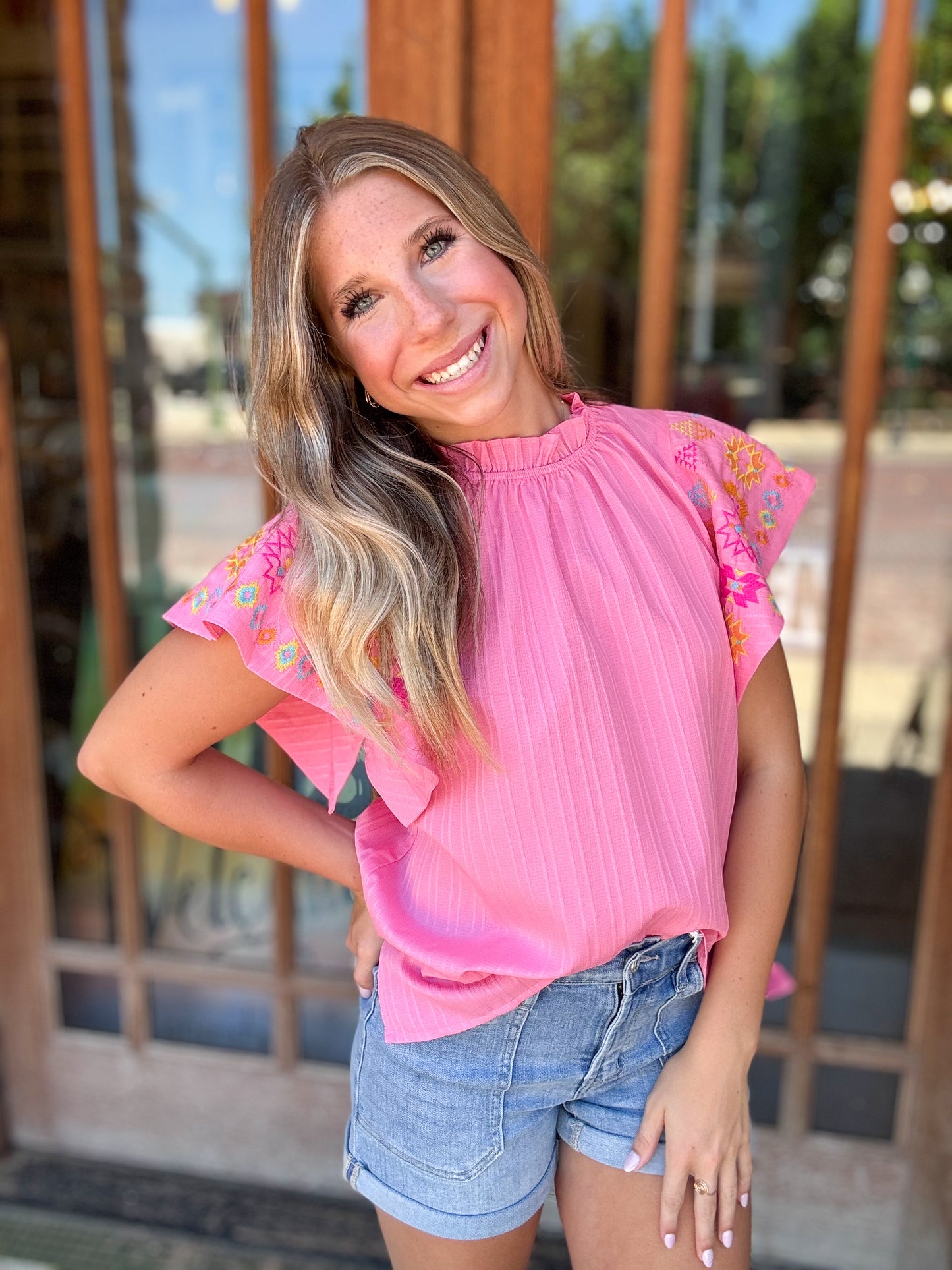 Tops | Blouse Embroidered Pink Flutter Ruffle Sleeve