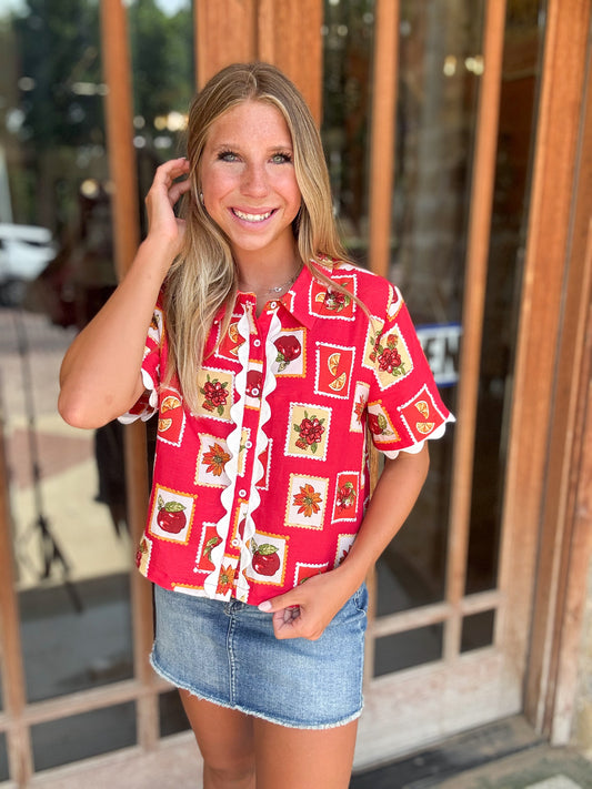 Tops | Blouse Printed Linen Short Sleeve Button Down Front