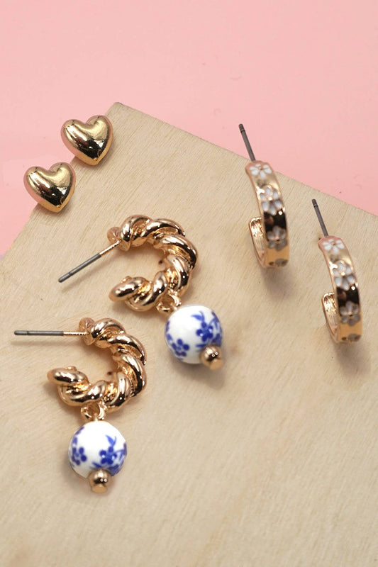Earrings - Blue Ceramic Porcelain Trio