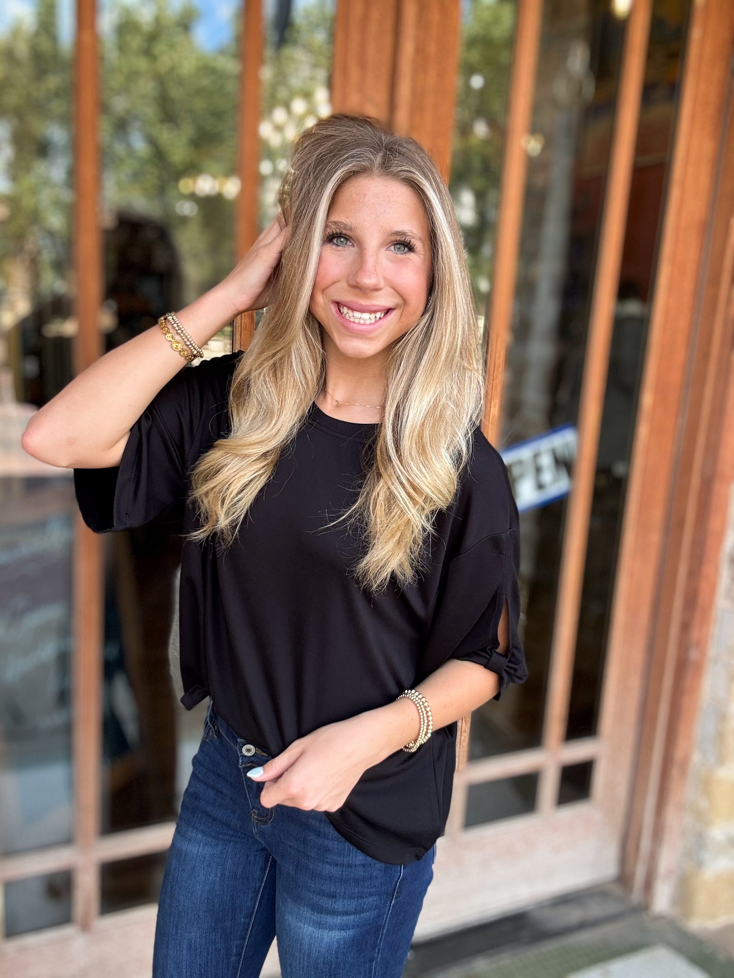 Tops | Blouse Black Tie Accent Sleeve Soft Cupro