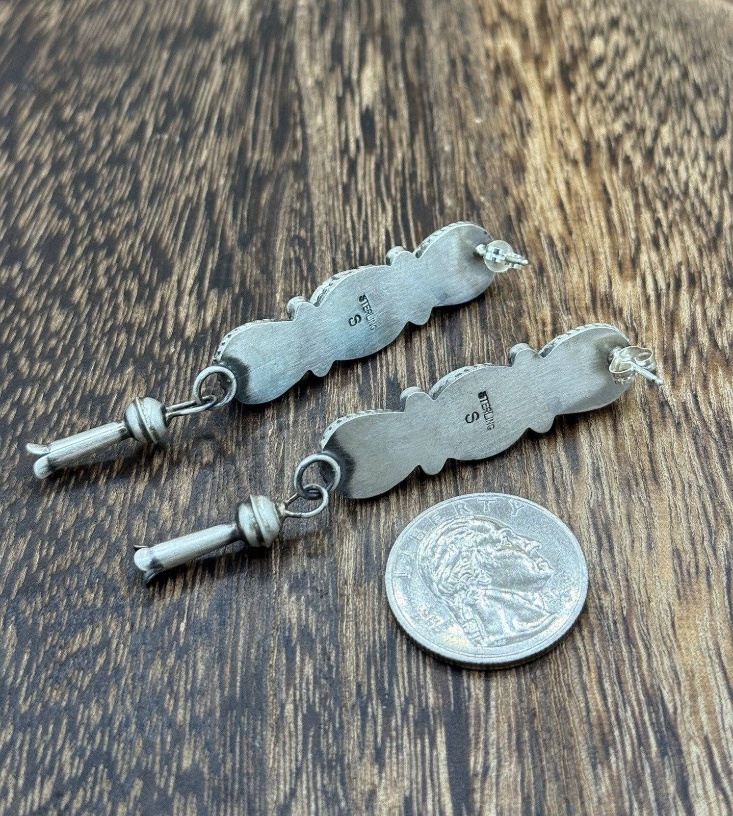 Navajo Handmade Sterling Silver Kingman Turquoise Blossom Post Dangle Earrings