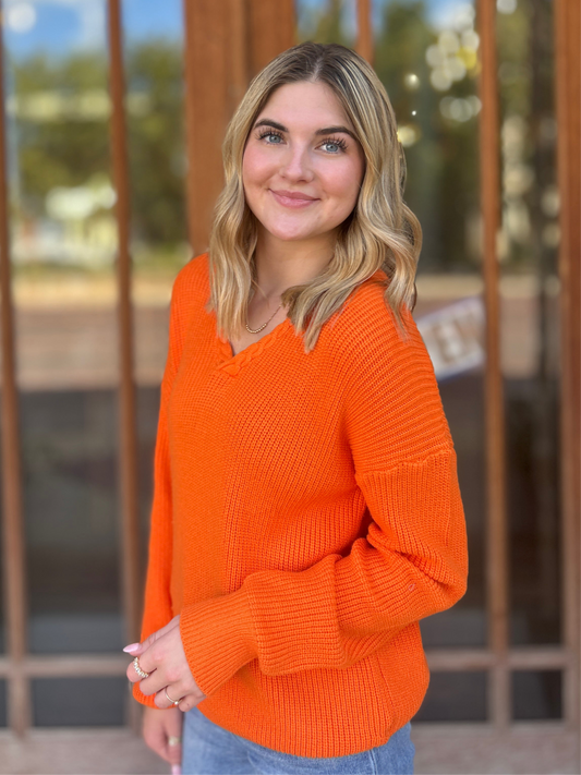 Tops | Sweater V-Neck Long Sleeve Pullover Orange