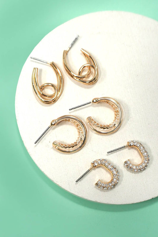 Earrings - Trio Huggie Hoop Rhinestone Post