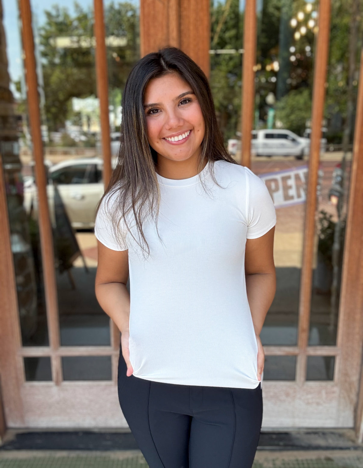 Athlesisure | Mono B White Essential Short-Sleeved Micro-Ribbed Athleisure Top