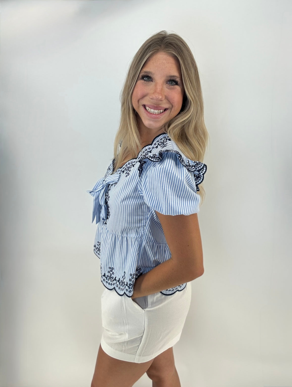 Top | Blouse Light Blue/Navy Floral Embroidered Pin Stripe Front Bow Tie Short Sleeve