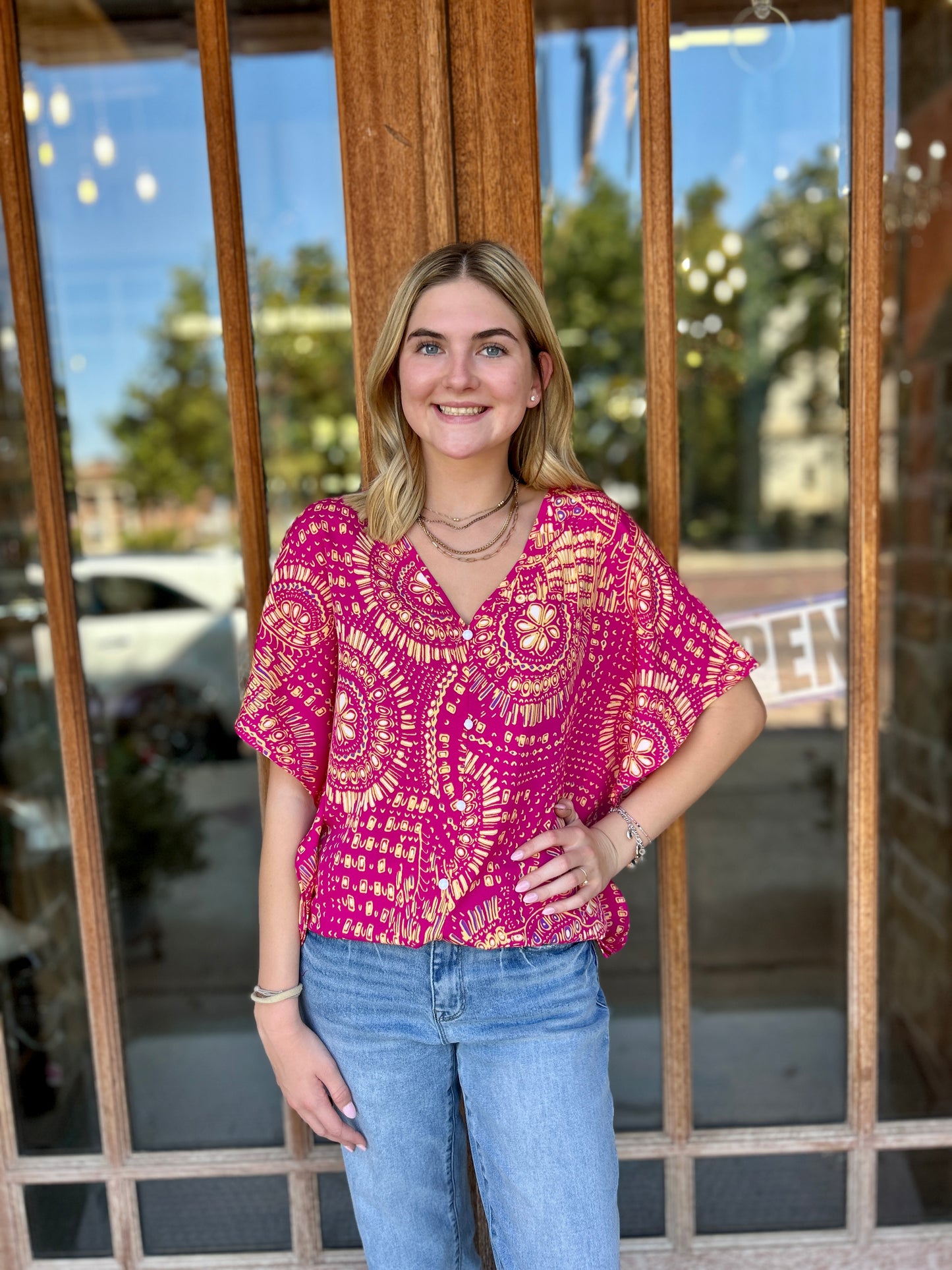 Tops | Blouse Red Printed V-Neck
