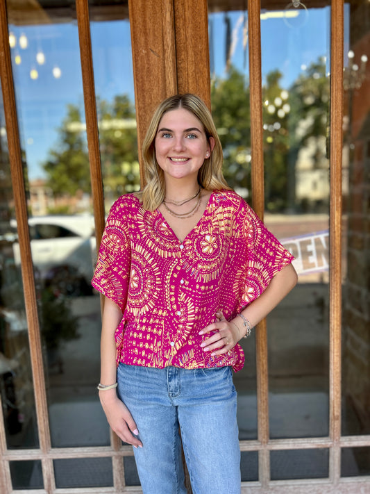 Tops | Blouse Red Printed V-Neck