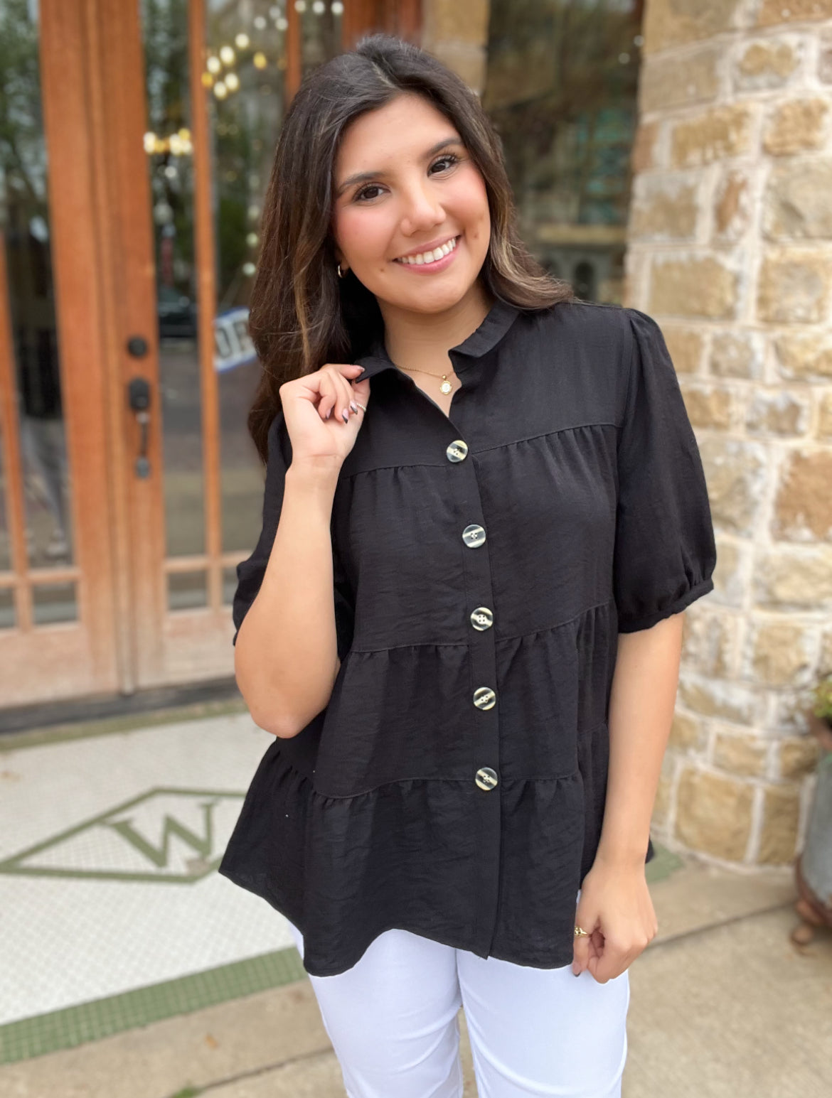 John Mark Solid Button Front Wire Collar Short Sleeves W/Tiered Body