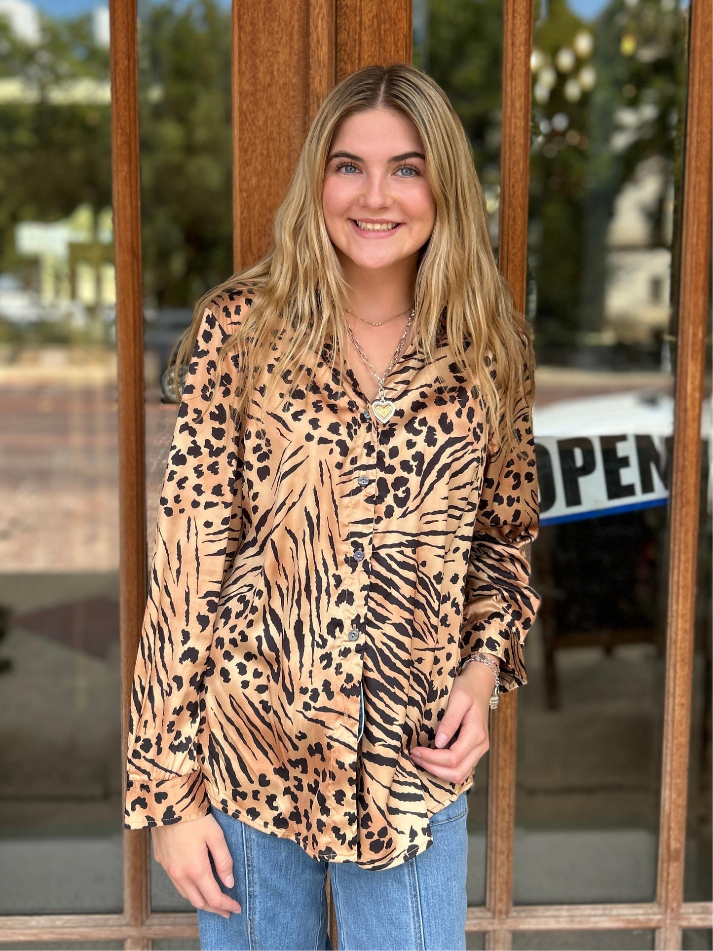 Tops | Blouse Satin Tiger Print Long Sleeve Button