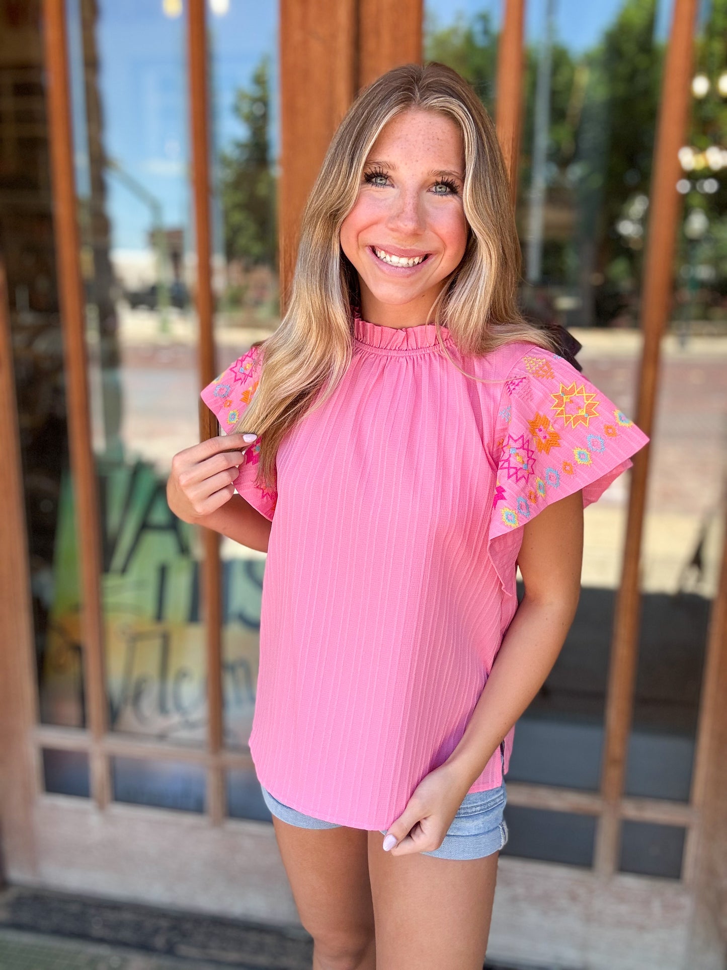 Tops | Blouse Embroidered Pink Flutter Ruffle Sleeve