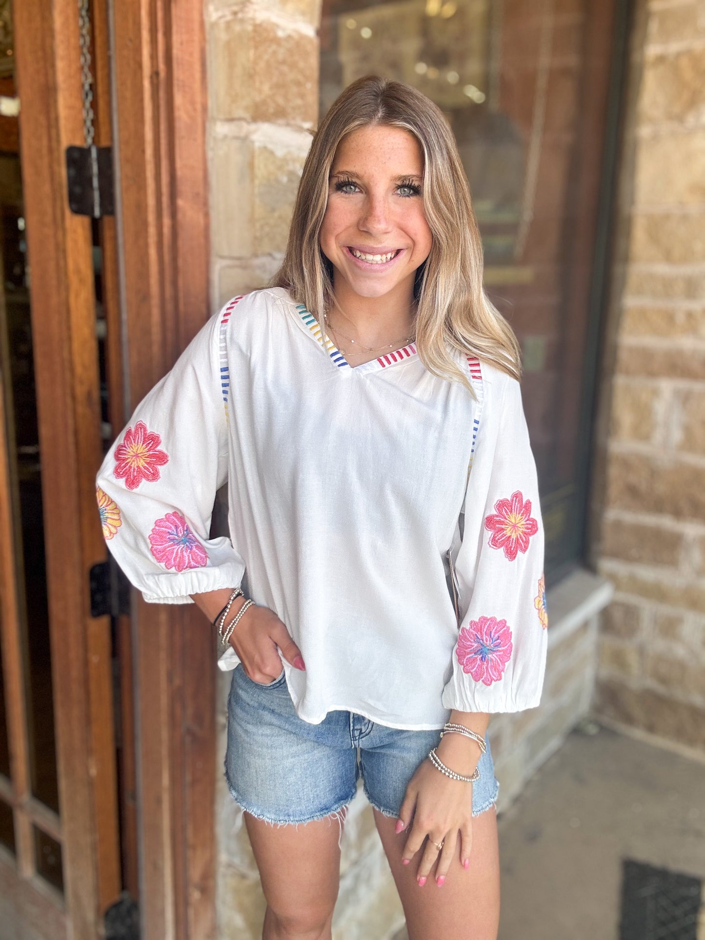 Tru Luxe White Embroidered Sleeve Split Neck Top