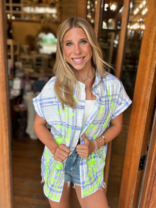Jodifl Blouse - Blue Plaid Button Up