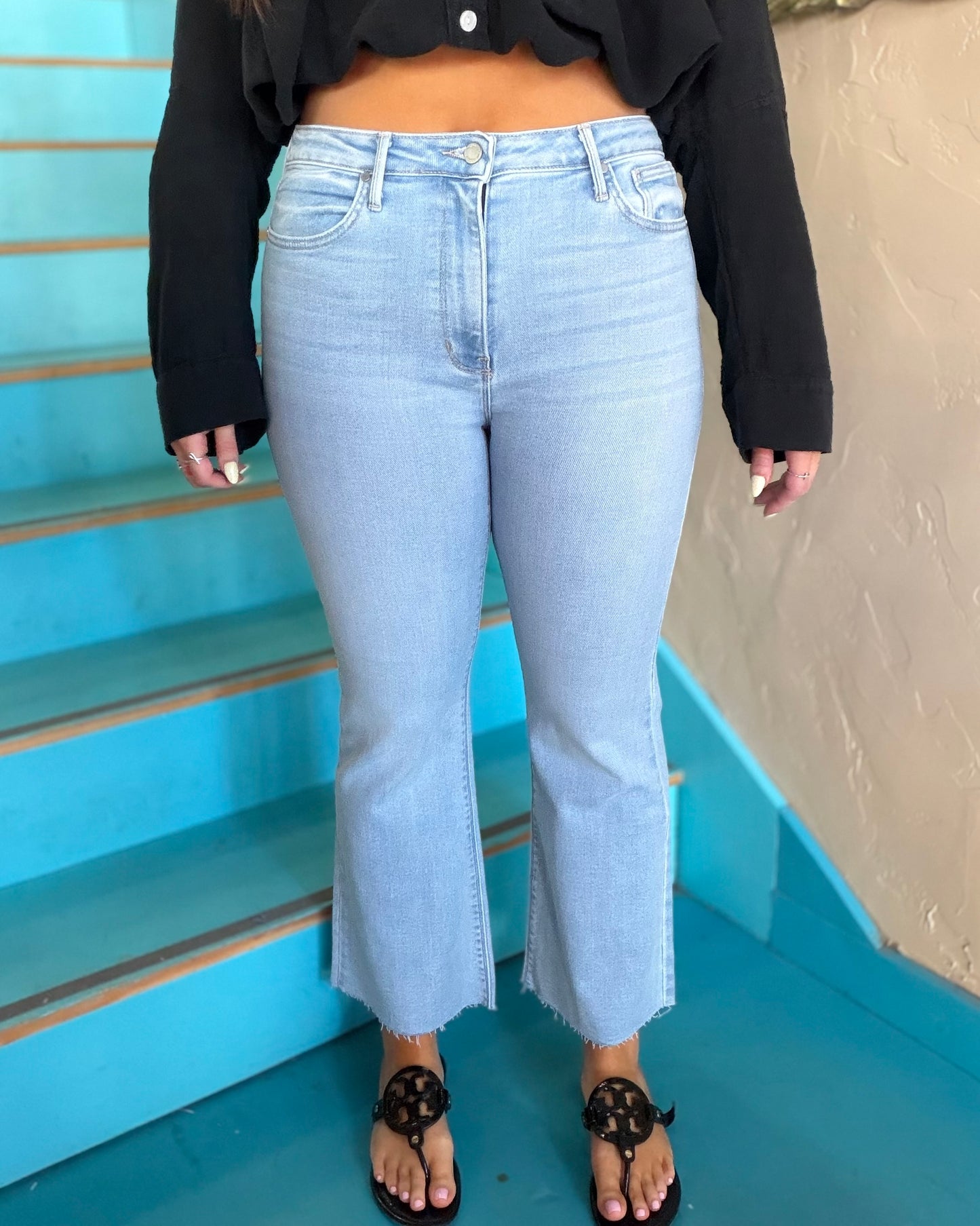 High Rise Tonal Crop Flare Jeans