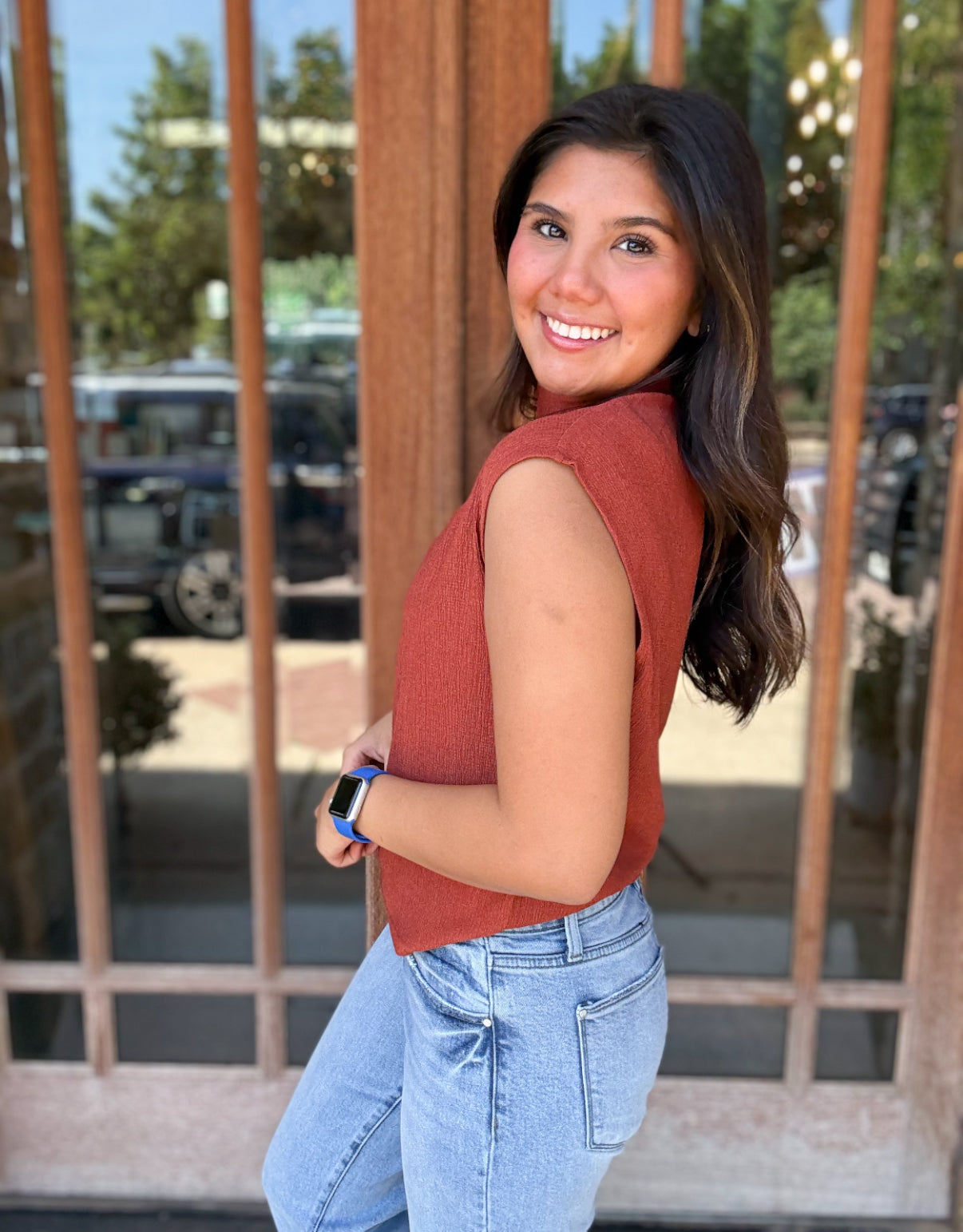 Tops | Blouse Baked Clay Stretchy Crinkled Fabric Sleeveless