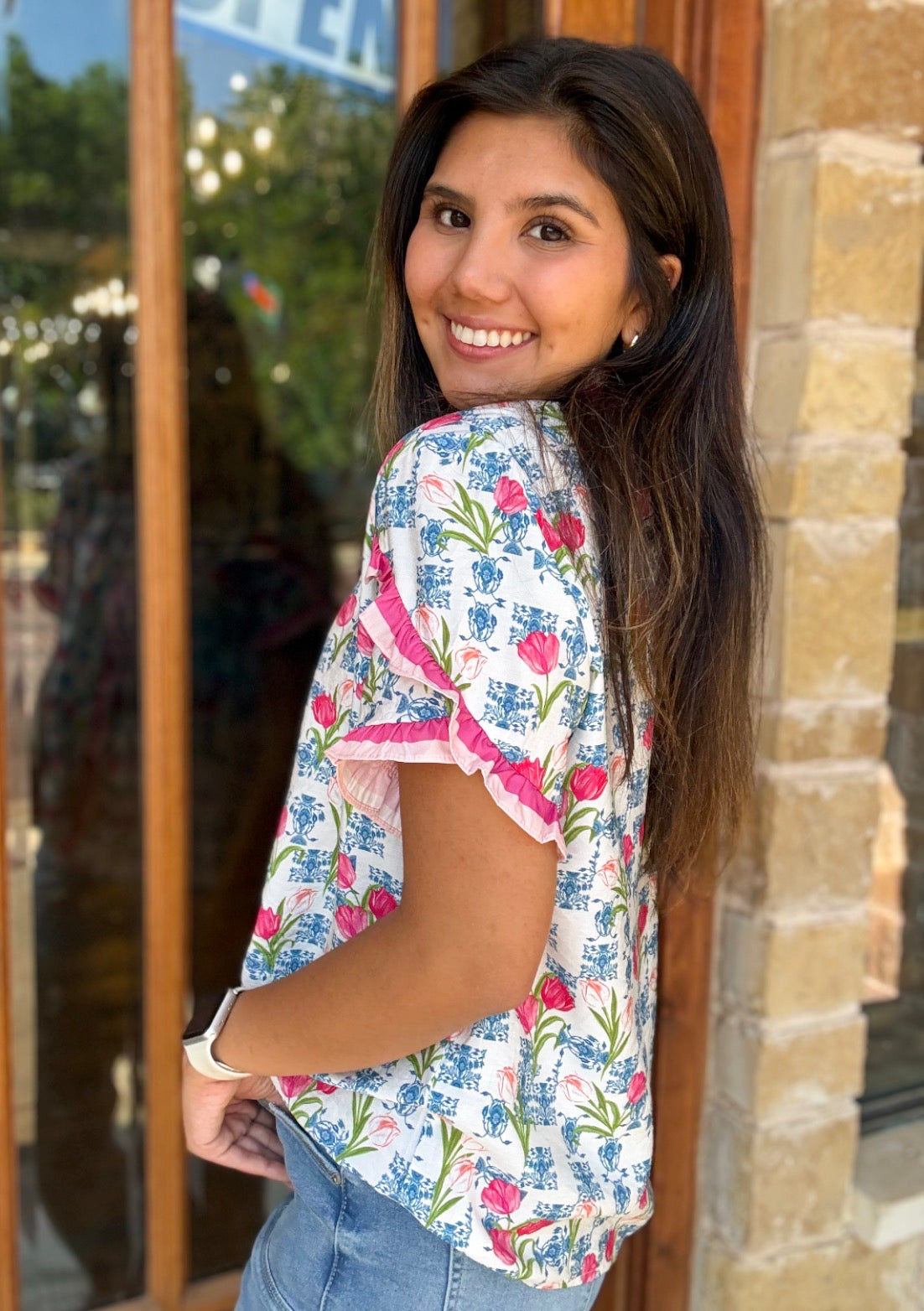 Blouse - Pink Tulip Ruffle Trim