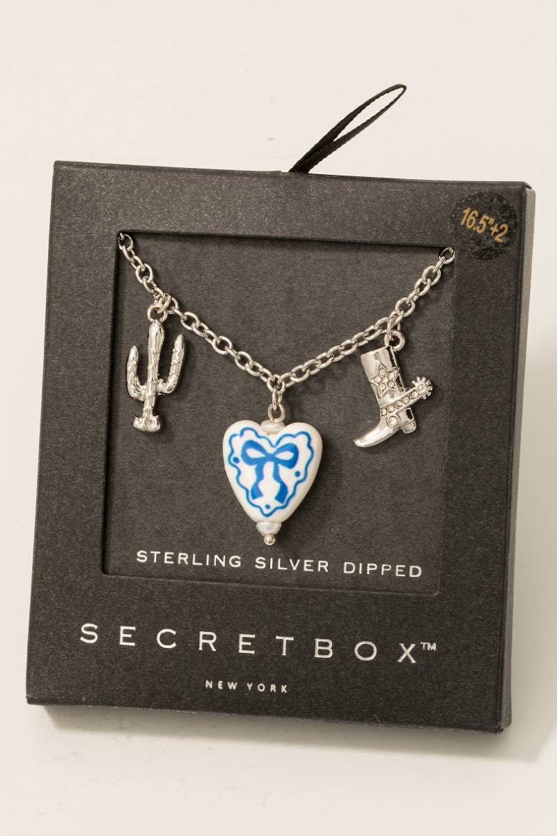 Gold Dipped Ceramic Bow Heart Western Charms Chain Necklace