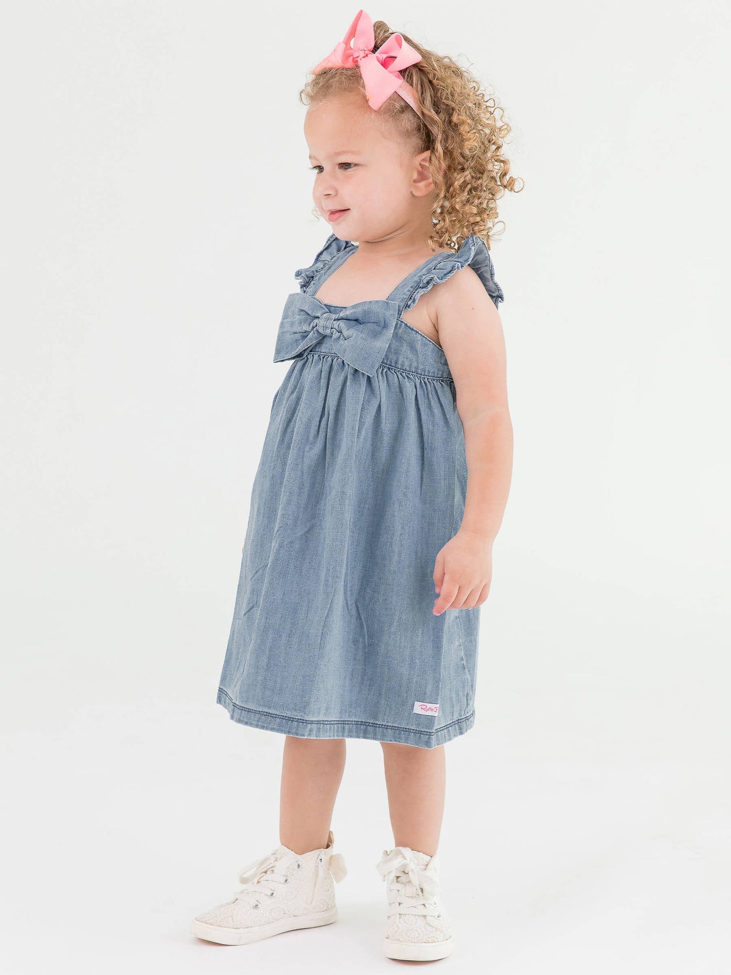 Girls | Light Wash Flutter Bow Woven Dress