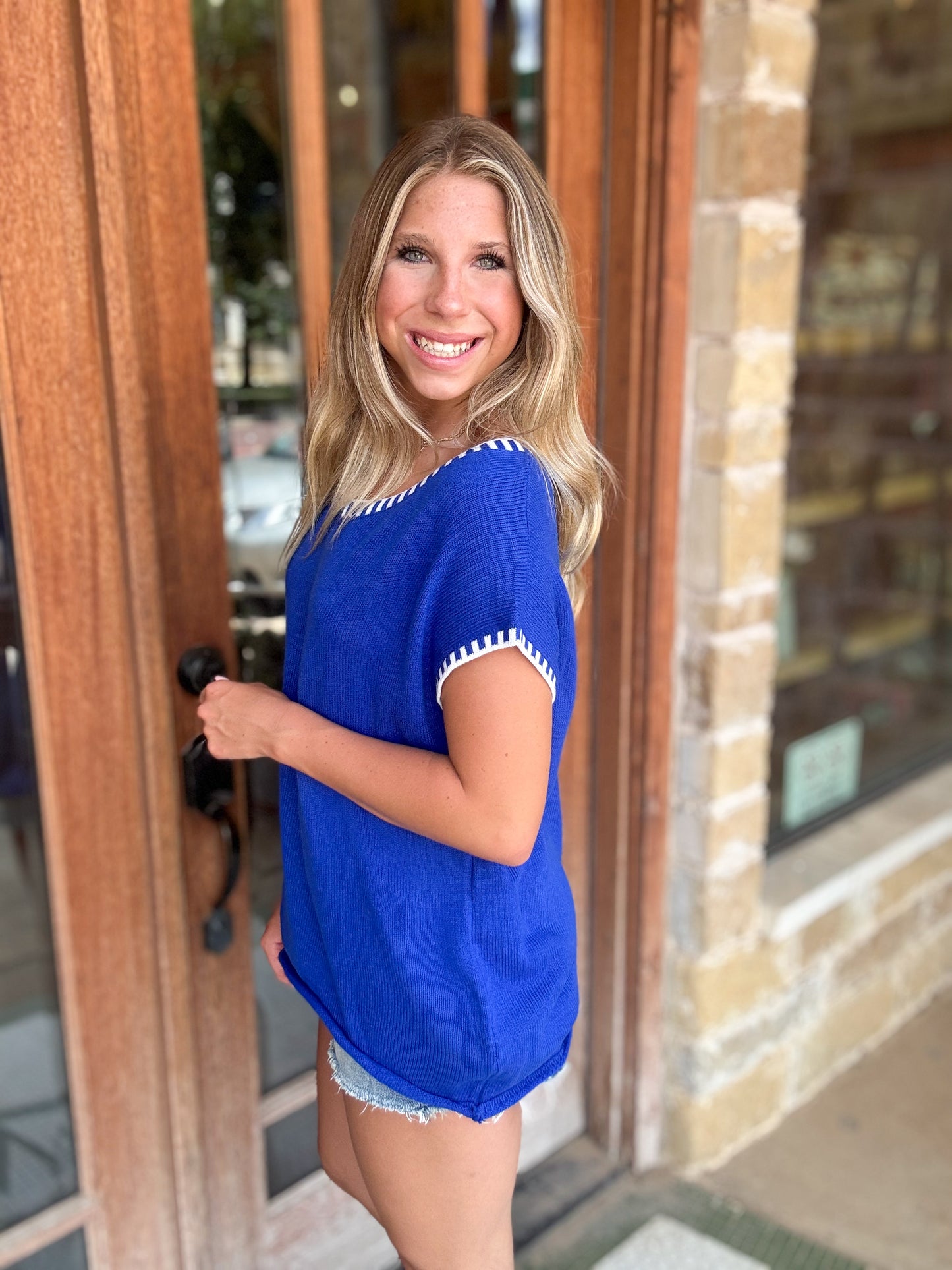 Top | Blouse Blue Summer V-Neck Sleeveless Solid Knit