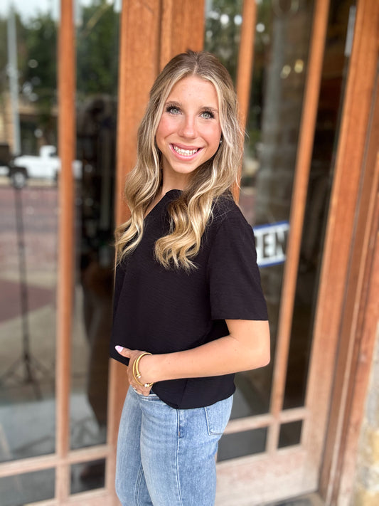 Tops | Blouse Satin Black Solid V-Neck