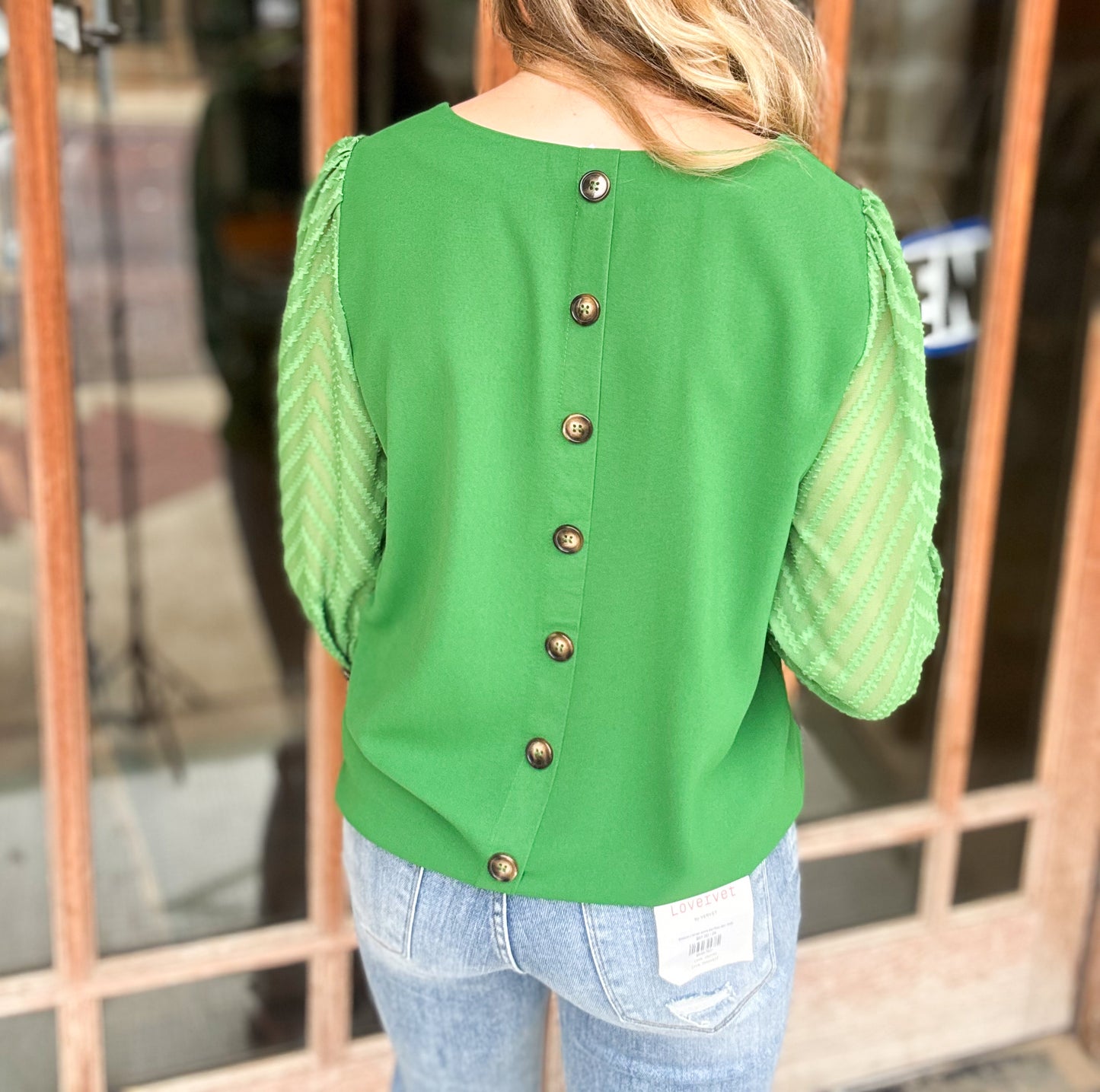 Tops | Blouse Green Semi Sheer Chevron Sleeve Button Detail