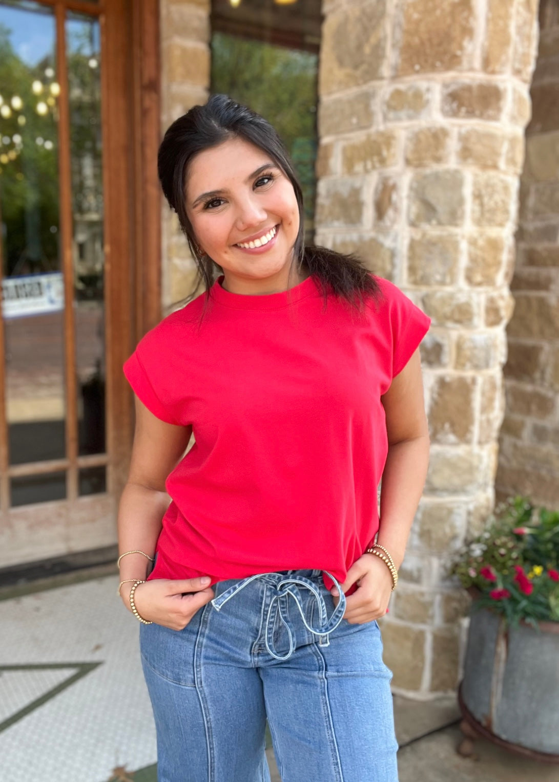 Tops | Tee Red Solid Short Sleeve
