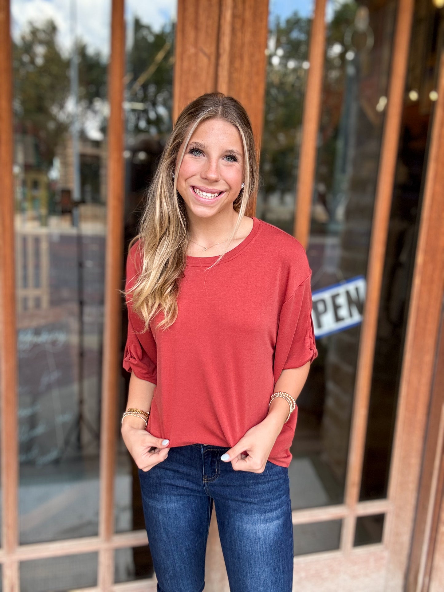 Tops | Blouse Rust Tie Accent Sleeve Soft Cupro