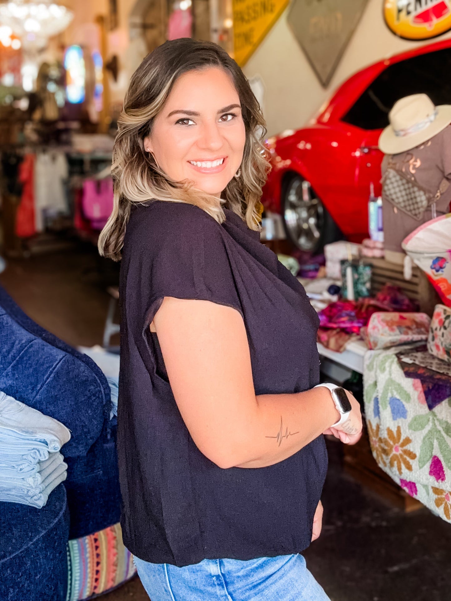 Blouse - Black Draped Mock Neck