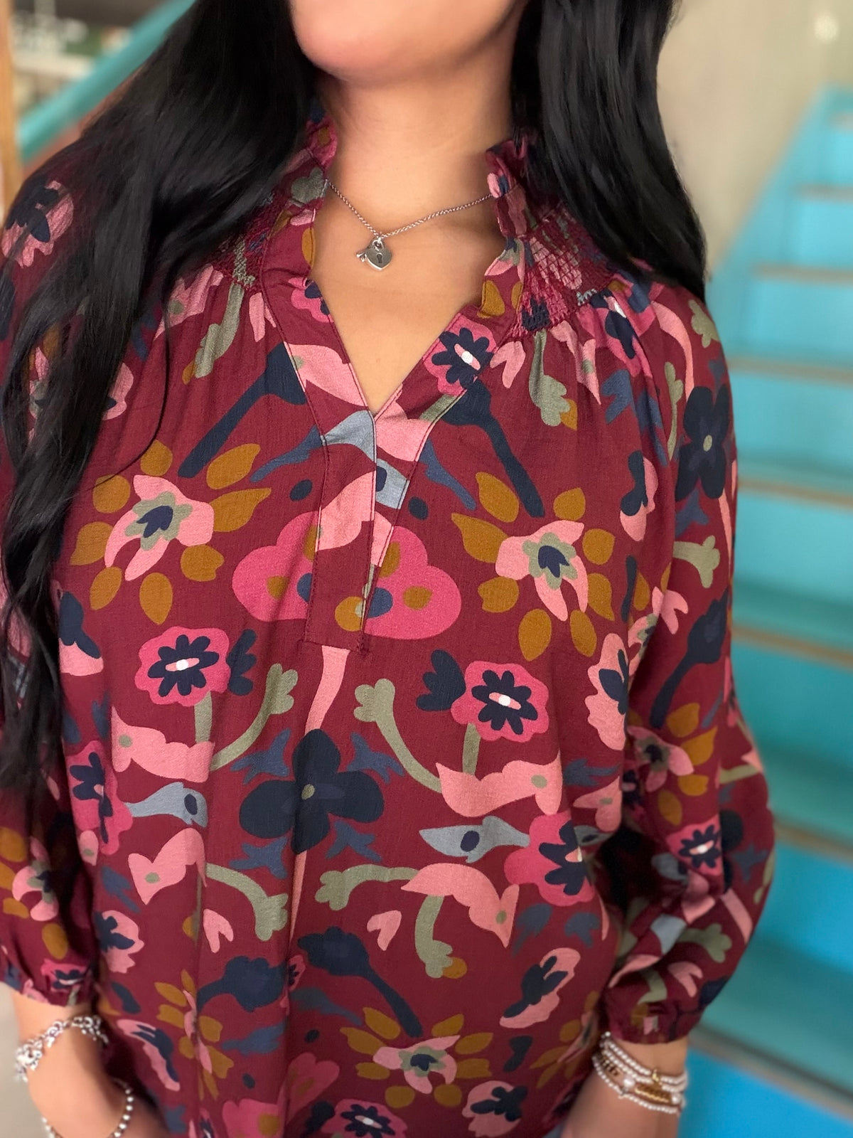 Blouse - Umgee Burgundy Floral Split Neck