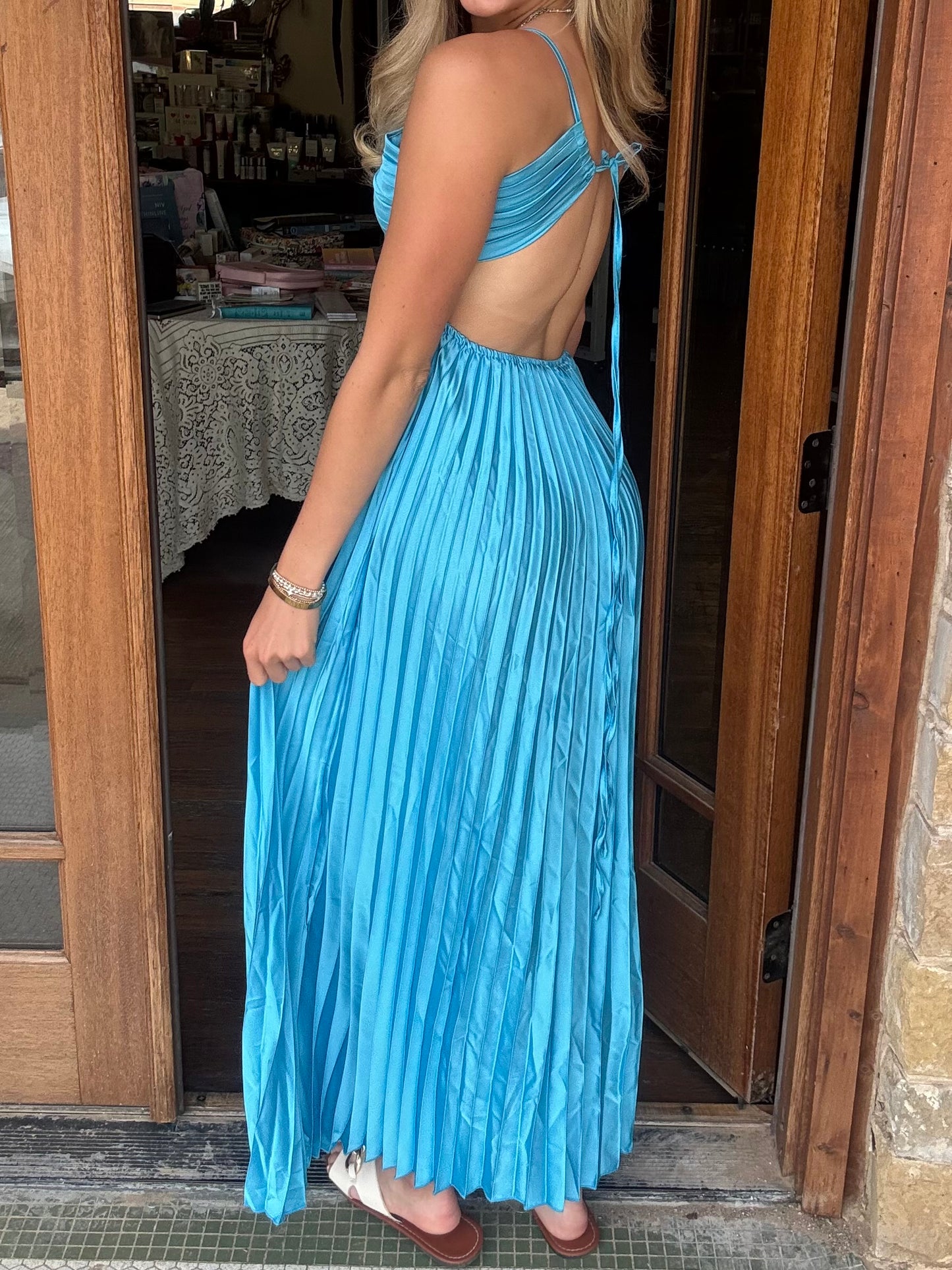 Dress - Plunging Halter Pleated Maxi