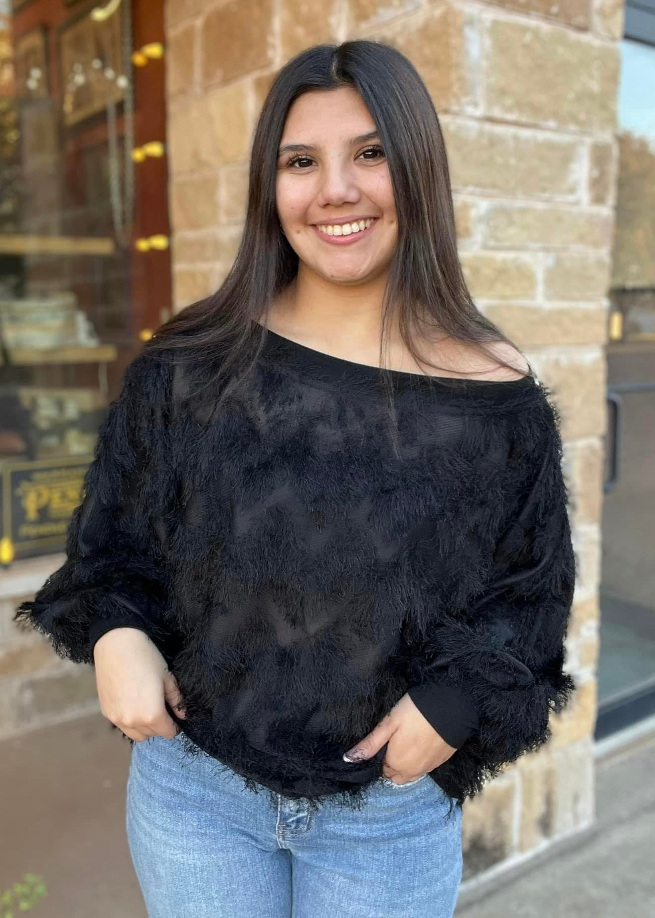 Top | Blouse Boatneck Long Sleeve with Cuffs Fringe Detail