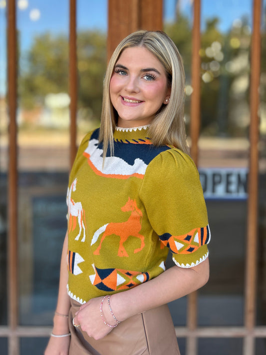 Tops | THML Sweater Short Sleeve Horse Detail Olive