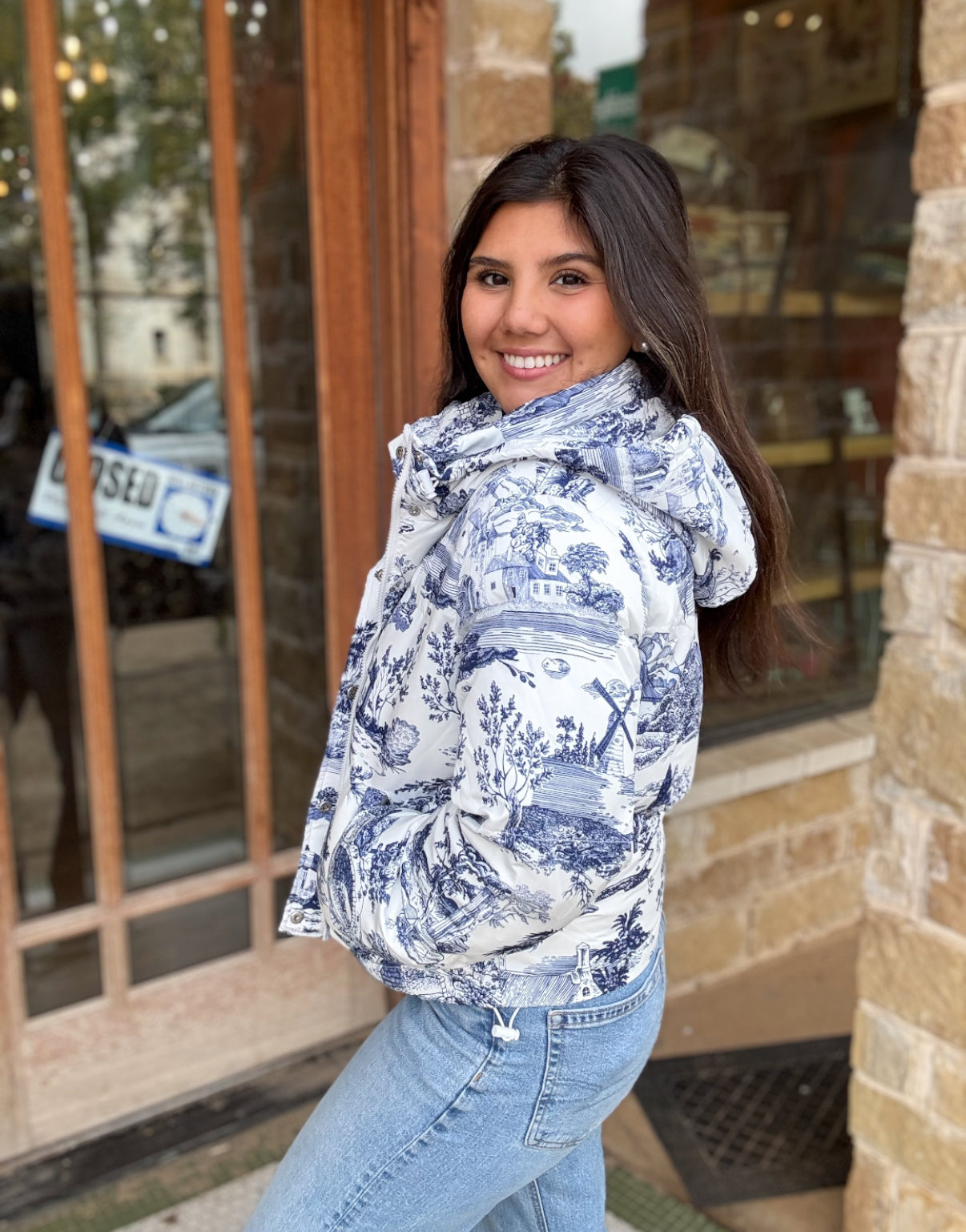 Coat | Jacket Blue Toile Snap Button Puffer