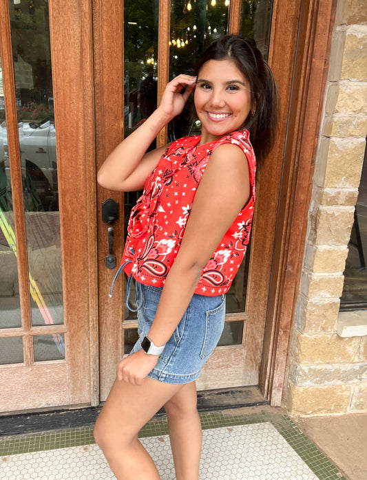 Tops | Blouse Tomato Red Paisley Printed Tie Front Vest