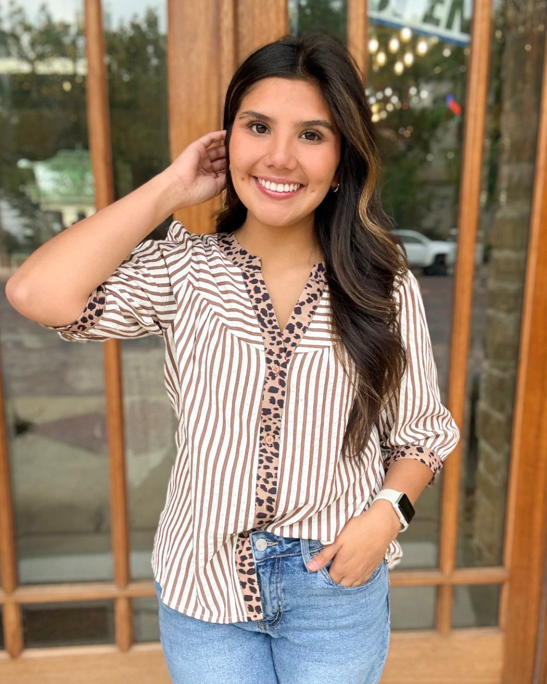 Blouse - Leopard Trim Button Down